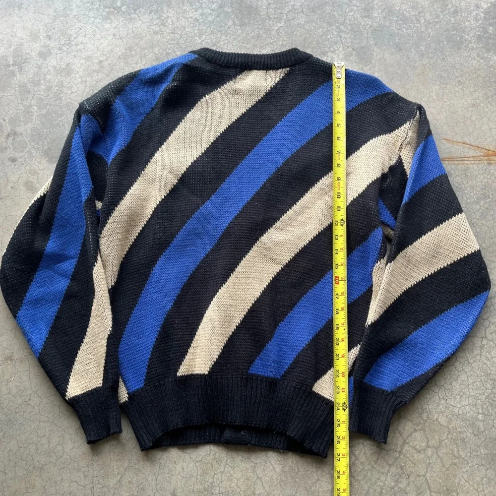 Vintage Weeds Mens Large Diagonal Stripe Cardigan Sweater Blue Black Cream Knit